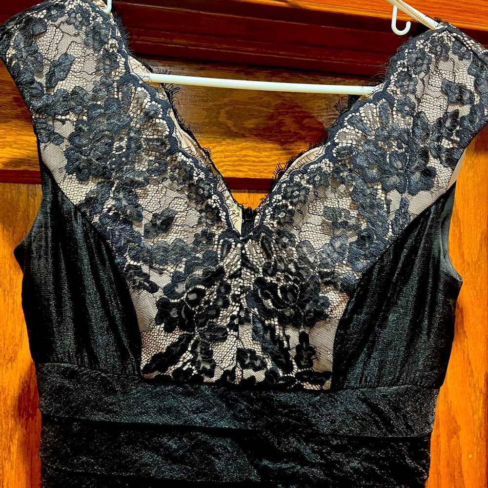 Black and champagne colored cocktail dress.